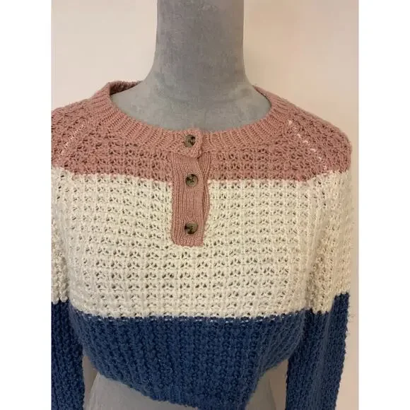 Aeropostale Womens Sweater Size XS Colorblock Open Knit Cropped Twee Schoolgirl - Picture 2 of 10